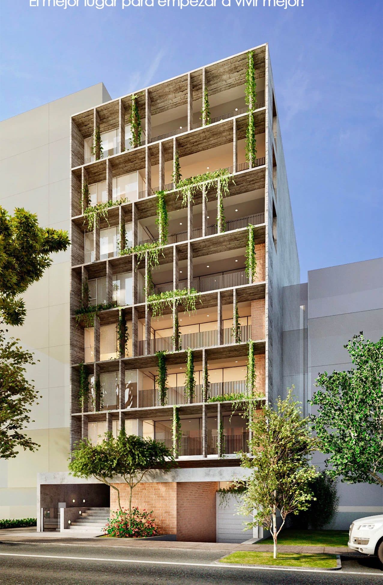 Cedrus: Façade with vertical timber louvres and planting trailing between the floors