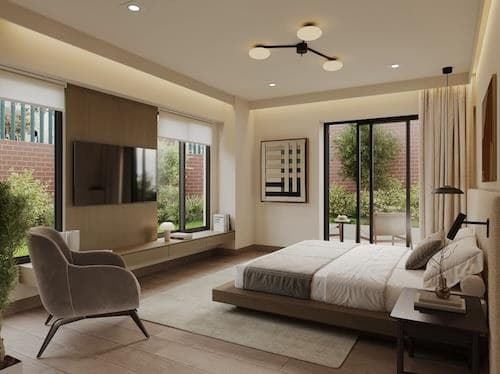 Dormitorio principal con ventanal al jardín y vestidor