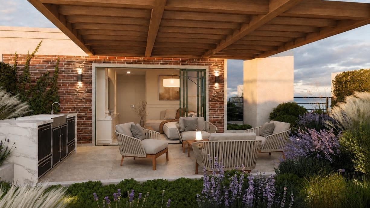 ZUM al atardecer: pérgola de madera, sofás, parrilla y lavanda